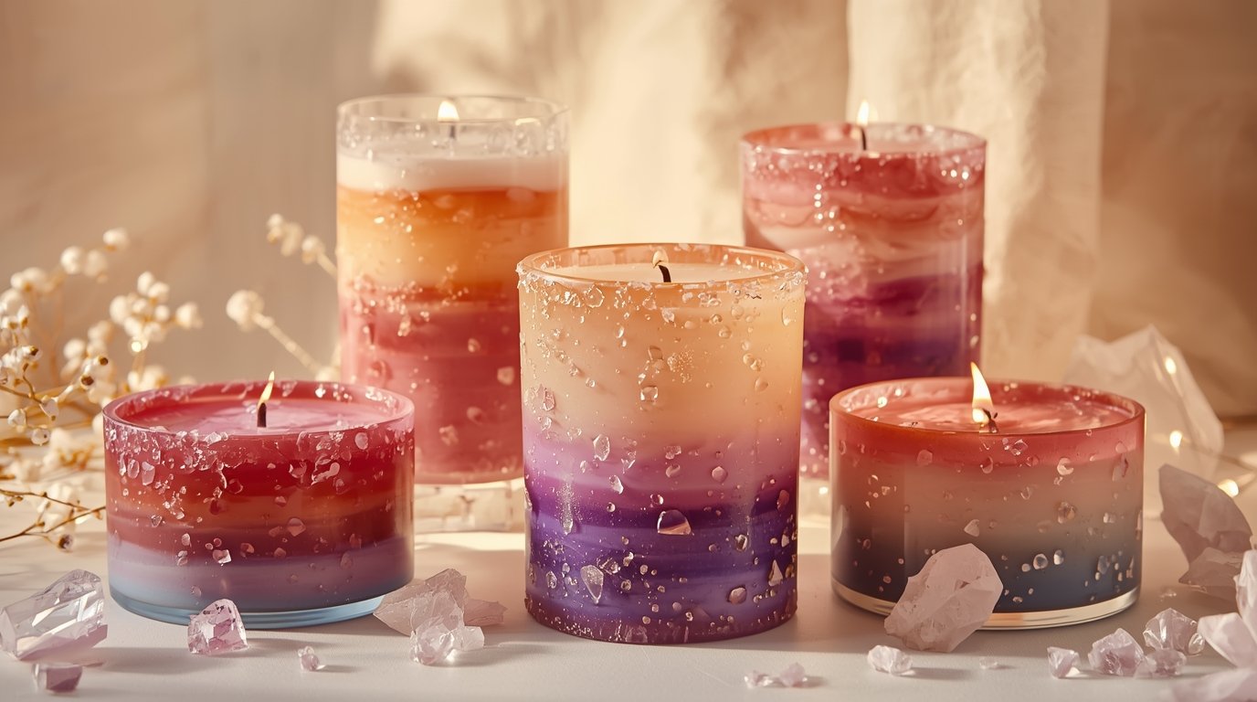 Gemstone-inspired layered candles with crystal accents